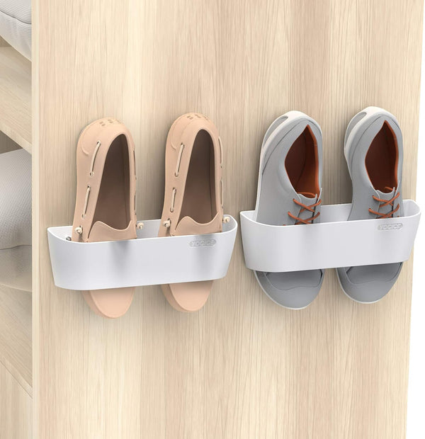 Wall Mounted Shoes Rack 2-Pack with Sticky Hanging Strips, Plastic Storage Organizer, Door Shoe Hangers (SM03-White-2)