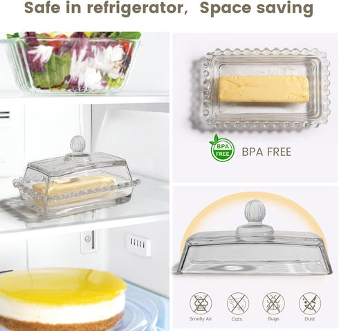 Countertop 2 4oz Clear Glass Butter Dish with Lid Covered Butter Container for Tabletop & & Refrigerator | Butter