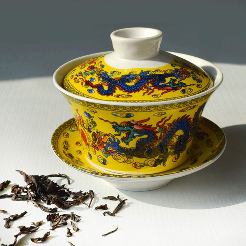 Gaiwan Teacup 7oz Chinese Dragon Sancai Cover Bowl Lip Saucer Set for Gongfu Tea (Yellow)