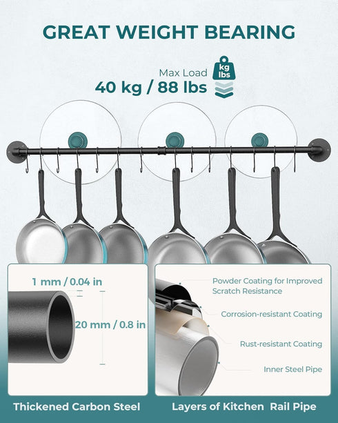 OROPY 38 Inch Pot Bar Rack - Wall Mounted Detachable Pans Hanging Rail with 14 S Hooks, Black