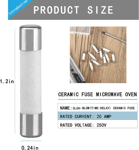 10 Pieces Microwave Fuse Ceramic Tube Fuse 20 Amp 250 V Slow Blow Fuse Time Delay Fuse, Compatible with GE WB27X10388, Kenmore Microwave, 6 x 30mm