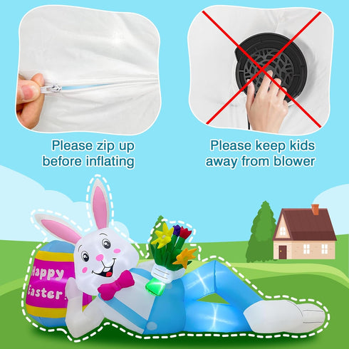 8FT OurWarm Easter Inflatables Outdoor Decorations, Lying Inflatable Easter Bunny Decor with Egg, Easter Blow Up Yard