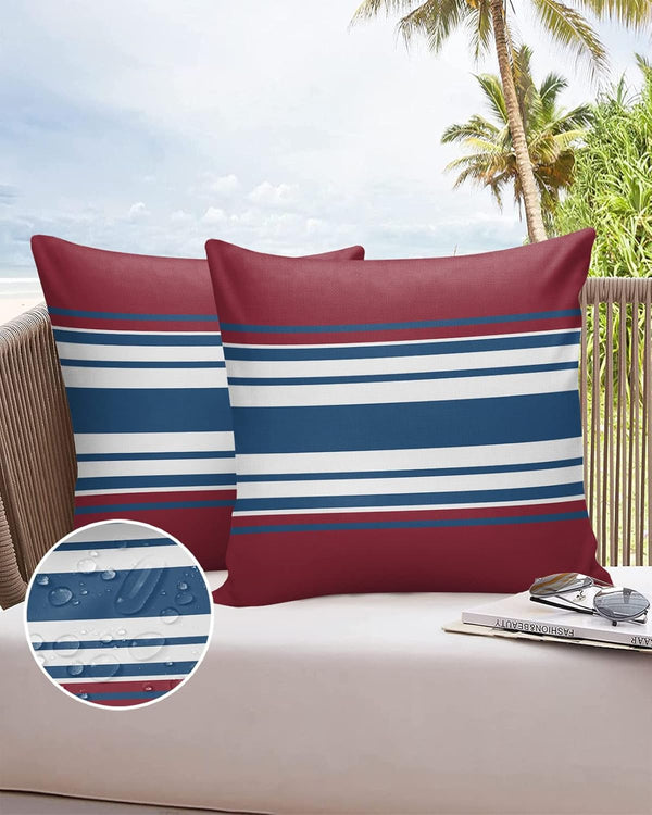 Navy Blue Burgundy Red Color Stripe Outdoor Pillow Covers Set of 2, Waterproof Throw Pillow Case, Cotton Linen