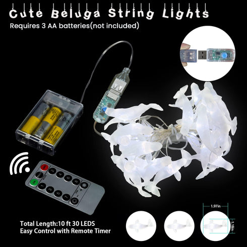 30 10ft Ocean Theme White Beluga Whale Fairy String Lights, Nautical Dcor Cute Dolphin Decorative Lights Sea Canaries