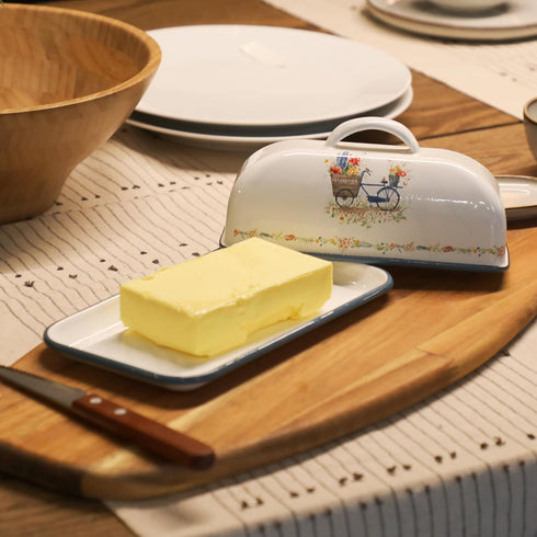 Countertop Enamel Butter Dish with Lid Vintage Enamelware Butter Keeper with Flower and Bird Patterns Farmhouse Butter