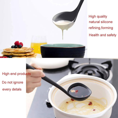 Silicone Soup Ladle Spoon Set of 2, Nonstick Heat Resistant, Long Handle, Big Round Scoop, Red and Black