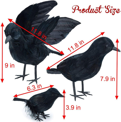 3-Pack Realistic Handmade Black Feathered Crow Prop for Halloween Party Decoration, Indoor and Outdoor Use