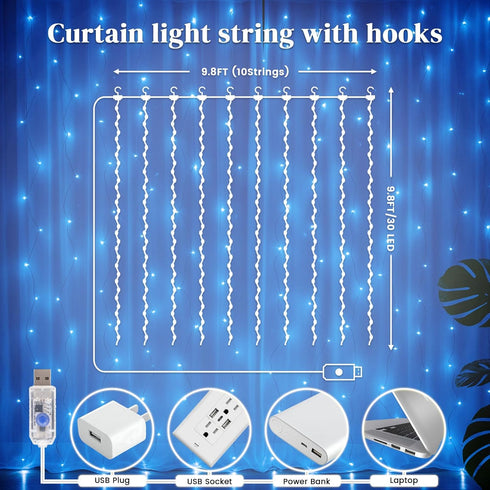 300 9.8ft 9.8ft 8 DomeStar LED Fairy Curtain Lights, x Waterproof String Hanging Lights with Modes Remote, Plugin