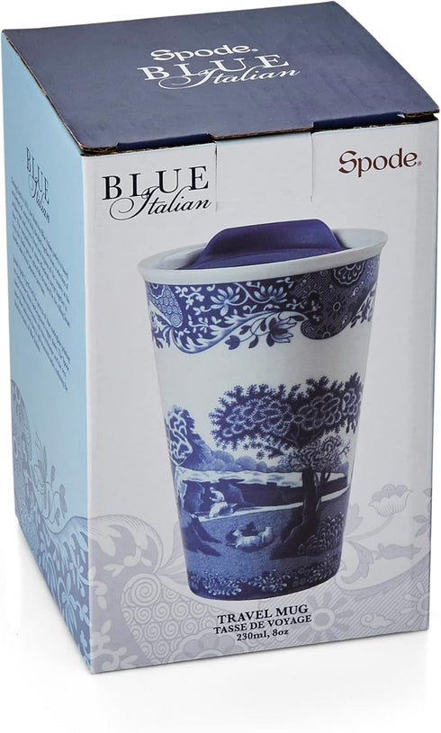 Spode Blue Italian 8oz Porcelain Travel Mug with Lid – Scenic Patterned Drinkware with Decorative Border, Portable