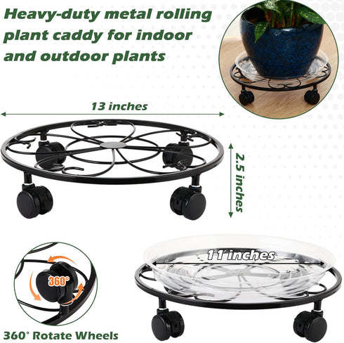 DEELF OUTLET 3 Packs 13 inches Large Metal Plant Caddy with Wheels Round Planter Dolly Pot Mover Rollers Wrought Iron