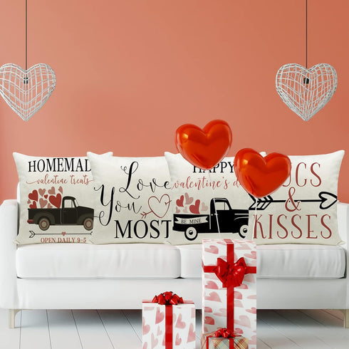 Hlonon Valentines Day Pillow Covers - Set of 4 18 x 18 Inches Red Heart Truck and Love Arrow Decor