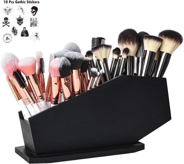 Coffin Brush Holder - Gothic Desk Organizer, Wooden Coffin Pen Holder for Bathroom, Living Room, Bedroom Decor (Black)