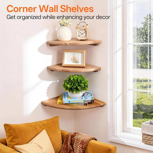 Set 2 9inch Gieanoo Floating Corner Shelves for Wall Solid Oak Rounded Corner Shelves Wall Mounted with Cable Hole Wood