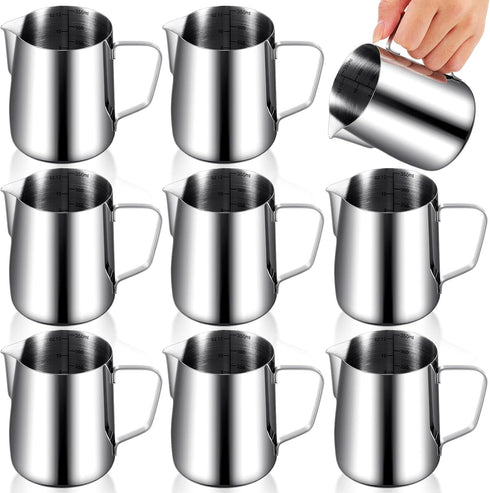 Dandat 8 Pcs Milk Frothing Pitcher Set - 12 Oz Stainless Steel Frother Cup for Espresso and Latte Art