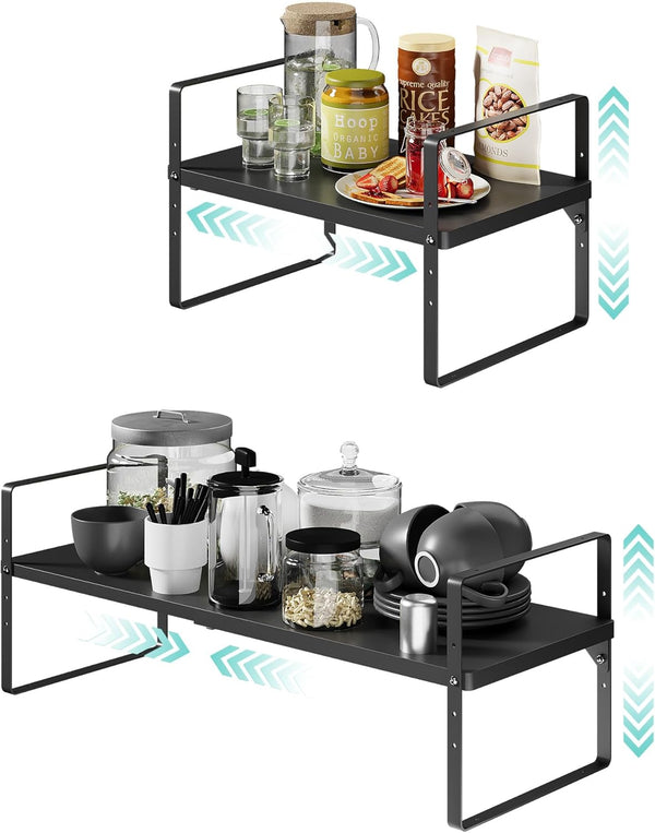 Expandable Cabinet Shelf Organizers, Stackable Metal Shelves Extender for Kitchen Cabinet Countertop Storage, Black (2