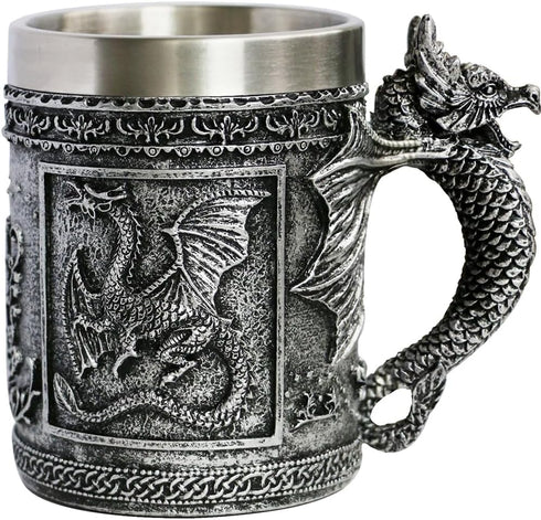 Medieval Roaring Dragon Mug - Dungeons and Dragons Beer Stein Tankard, 15.8oz Stainless Coffee Mug for GOT Lovers