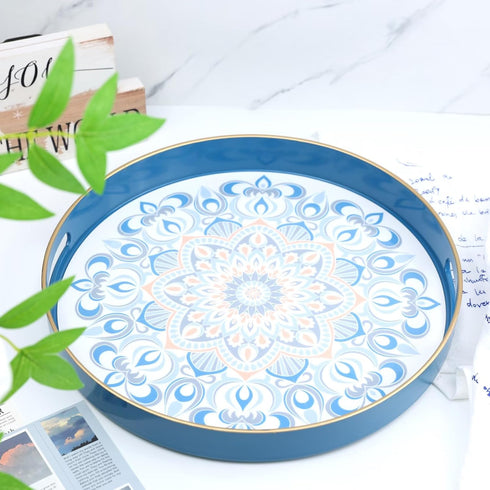 13 Round Blue Decorative Tray for Coffee Table, Ottoman, Plastic Serving Platter Tray with Handles for Entertaining