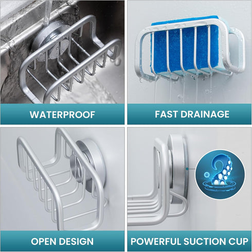 TAILI Sponge Holder for Kitchen Sink with Strong Suction Cup, Rustproof Aluminum Sink Caddy for Sponges, Removable