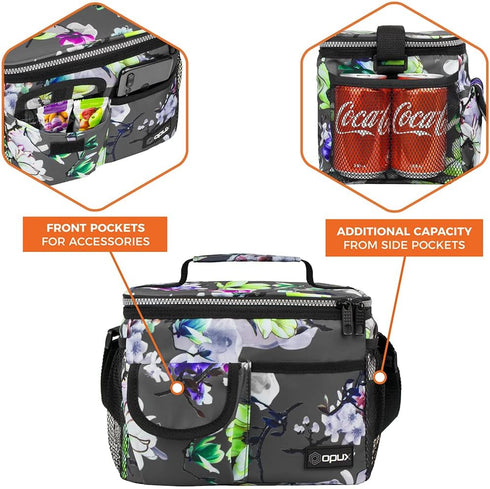 opux Leakproof Floral Grey Insulated Lunch Bag for Men Women, Portable Soft Lunch Cooler with Strap