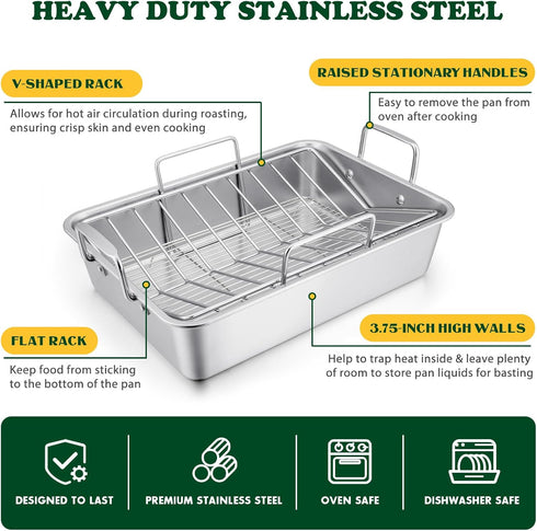 E-far Roasting Pan - 16 x 11.5 Inch Stainless Steel Turkey Roaster with Rack, Deep Broiling Pan, Easy Clean