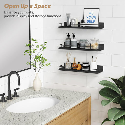 17 Inch Long-Set 3 Forbena Black Floating Shelves for Wall, Bahtroom Wall Shelves Over Toilet, Rustic Hanging Shelf