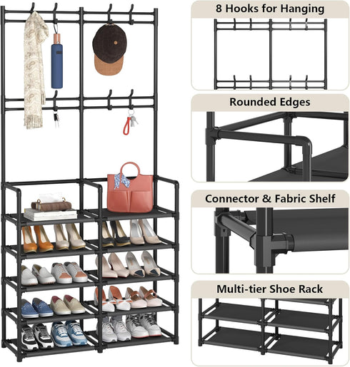 5-Tier 8 Laiensia Entryway Coat Rack, Coat and Shoe Rack, Entryway Bench Storage Organizer with Hooks for Bedroom