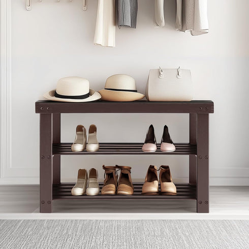 3-Tier 286lb 11.3 27.6 17.8 Inches, Sweetcrispy Shoe Rack Bench, Bamboo Entryway Storage Organizer, Shoes Stand