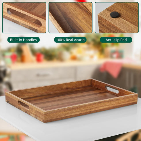 dreamkey 17 Inch Acacia Wood Serving Tray with Handles - Large Wooden Tray for Ottoman, Breakfast in Bed, Dinner