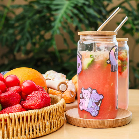 20Pcs Straws,16Oz Set,Water ASKIZ Glass Cups With Bamboo Lids and Ice Coffee Cup,Drinking Glasses Cups Bottles Glasses