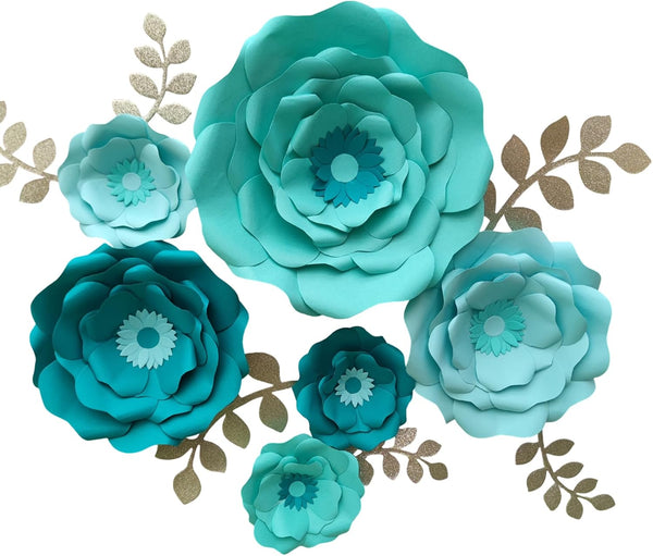 Turquoise Teal Paper Flower with Gold Leaf for Wall Living Room Bed