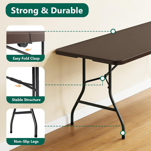 6ft Folding Table, Foldable Picnic Table Portable Table for Indoor Outdoor Use Heavy Duty Plastic Table Camping Table