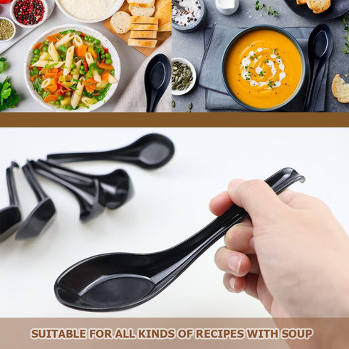 DOERDO 6PCS Japanese Style Soup Spoons - Long Handle for Kitchen Mixing, Baking, Cooking, Black
