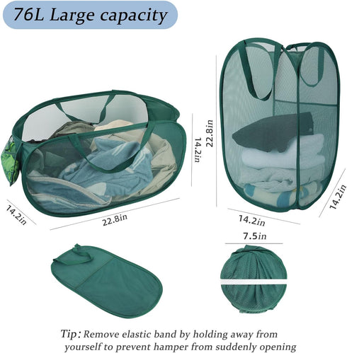 Collapsible Laundry Basket 2 pack, Mesh Pop Up Laundry Hampers with Handles, Anti-tear, Light Breathable, Odor-free, Fold Compact, Large Hold Portable Travel Laundry Bag for Home Bin, Green. H+V by NairSnow