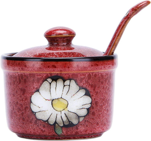 VanEnjoy Retro Hand Painted Flower Ceramic Round Sugar Bowl, Porcelain Spice Container with Spoon
