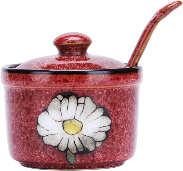 VanEnjoy Retro Hand Painted Flower Ceramic Round Sugar Bowl, Porcelain Spice Container with Spoon