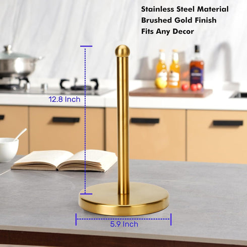 Paper Towel Holder Stand with Sturdy Base - Fits Standard and Jumbo Sized Paper Towels, Countertop, Gold