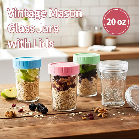 2-Pack 20oz Glass Jars with Lids, glass yogurt containers with lids, wide mouth mason jars, BPA free Food Storage