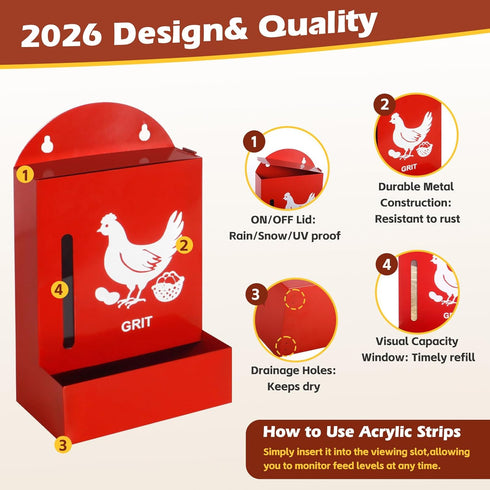 2 Pack Chicken Grit and Oyster Shell Feeder, Metal Oyster Shell Feeder with Visual Window and Lid, Hanging Gravity