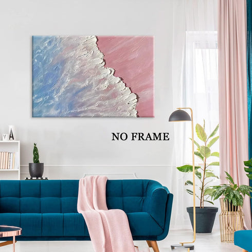 Pink Beach Canvas Wall Art, Abstract Blue Ocean Painting, Pink Blue Seascape Decor 16x24inch No Frame