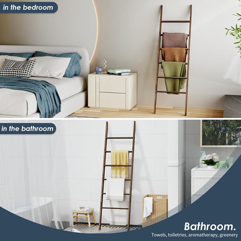 6-Tier 5.7FT(66.5'') Acacia Wood Blanket Ladder, Blanket Quilt Towel Holder Rack Decorative Ladder Wooden, Easy