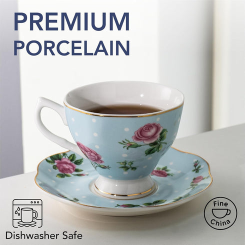Set 4, 8 oz, Set BTaT- Floral Tea Cups and Saucers, of Fine Porcelain Teacup with Gold Trim for Afternoon Tea