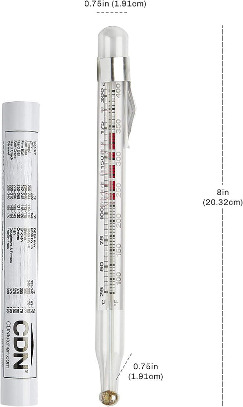 CDN Candy & Deep Fry Thermometer, 8" Durable Lab Glass, Non-Mercuric, Dual-Scale, 75–400°F Range