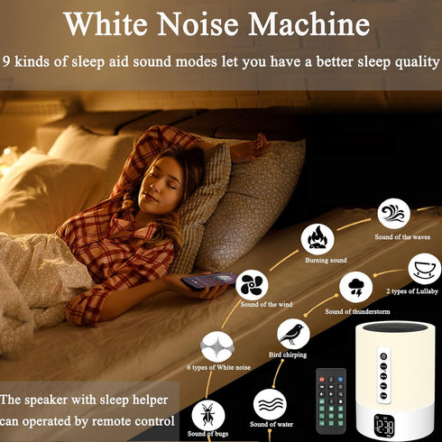 Biseoamz Alarm Clock Bluetooth Speaker, Night Light White Noise Machine Touch Bedside Lamp with Alarm Clock for Kids