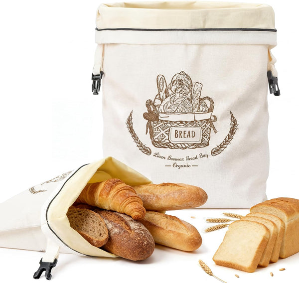 VIS'V Beeswax Bread Bags, Reusable Large Linen Cotton Sourdough Bags with Sealing