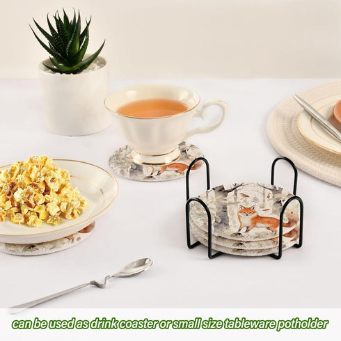 SDMKA 6 3.9 Inch Cute Forest Fox Pcs Cotton Woven Coasters with Holder - Absorbent Drink Coasters - Ideal for Coffee