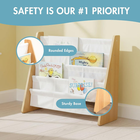 4-Tier Humble Crew Kids Bookshelf, Natural Wood/White - Premium Book Shelf for Kids Rooms with Four Deep Pockets