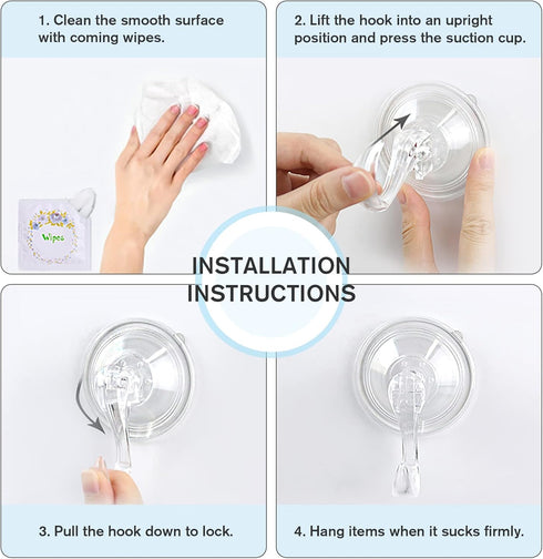 VIS'V Small Shower Suction Cup Hooks with Wipes, Heavy Duty, Removable and Reusable, Clear, 6 Pcs