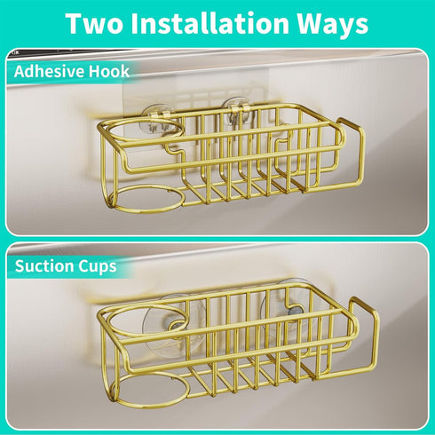 Gold(8.73 3.54 2.36in) HapiRm Sponge Holder for Kitchen Sink, No Drill Kitchen Sink Caddy Organizer, Rustproof Dish
