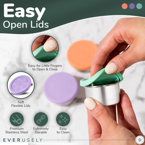 Everusely 3 Pack Condiment Cups, 1.7 oz / 50 ml Bright Stainless Steel Containers with Lids, Reusable Salad Dressing