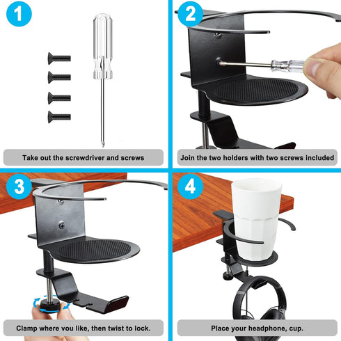 LBTING 2-in-1 Adjustable & 360 Rotating Office Gaming Accessories, Under Desk Headphone Stand, Black